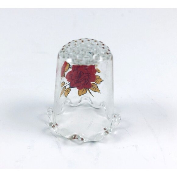 Handcrafted Glass Thimble With Red Rose Floral Design - Picture 3 of 5